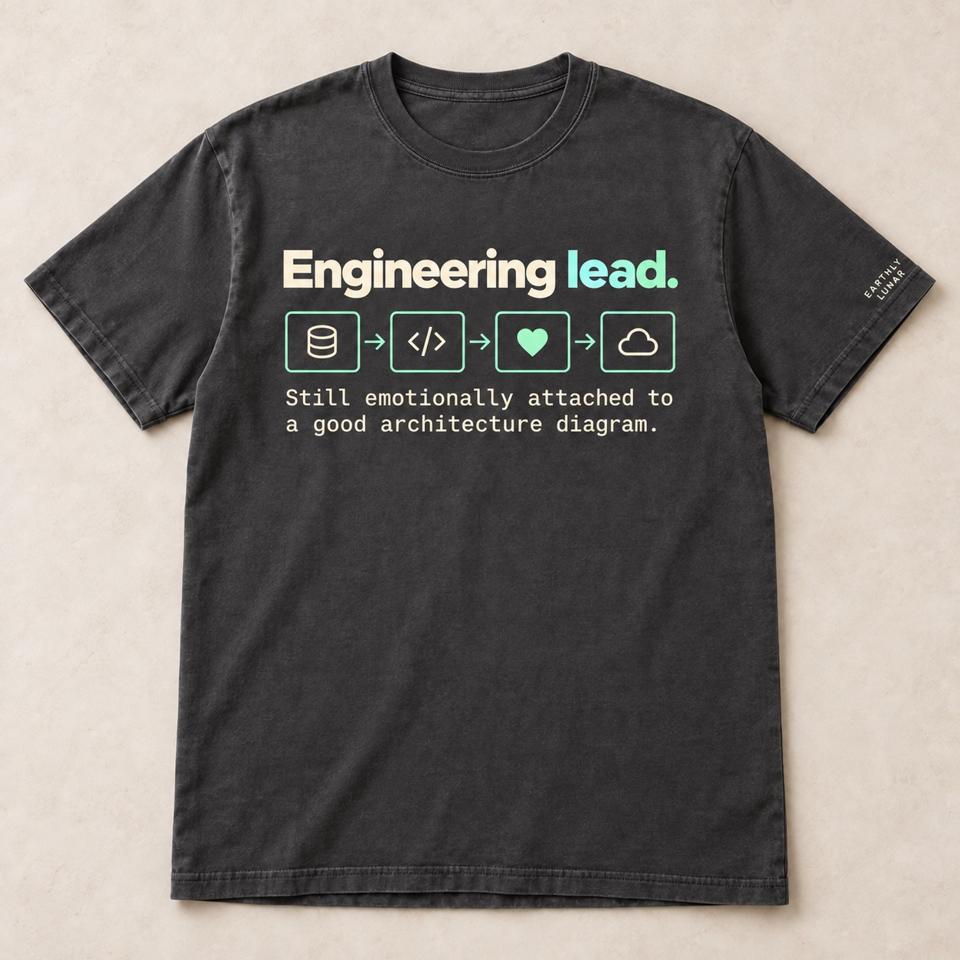 Charcoal tee with 'Engineering lead.' over a row of four small mint diagram boxes and 'Still emotionally attached to a good architecture diagram.'