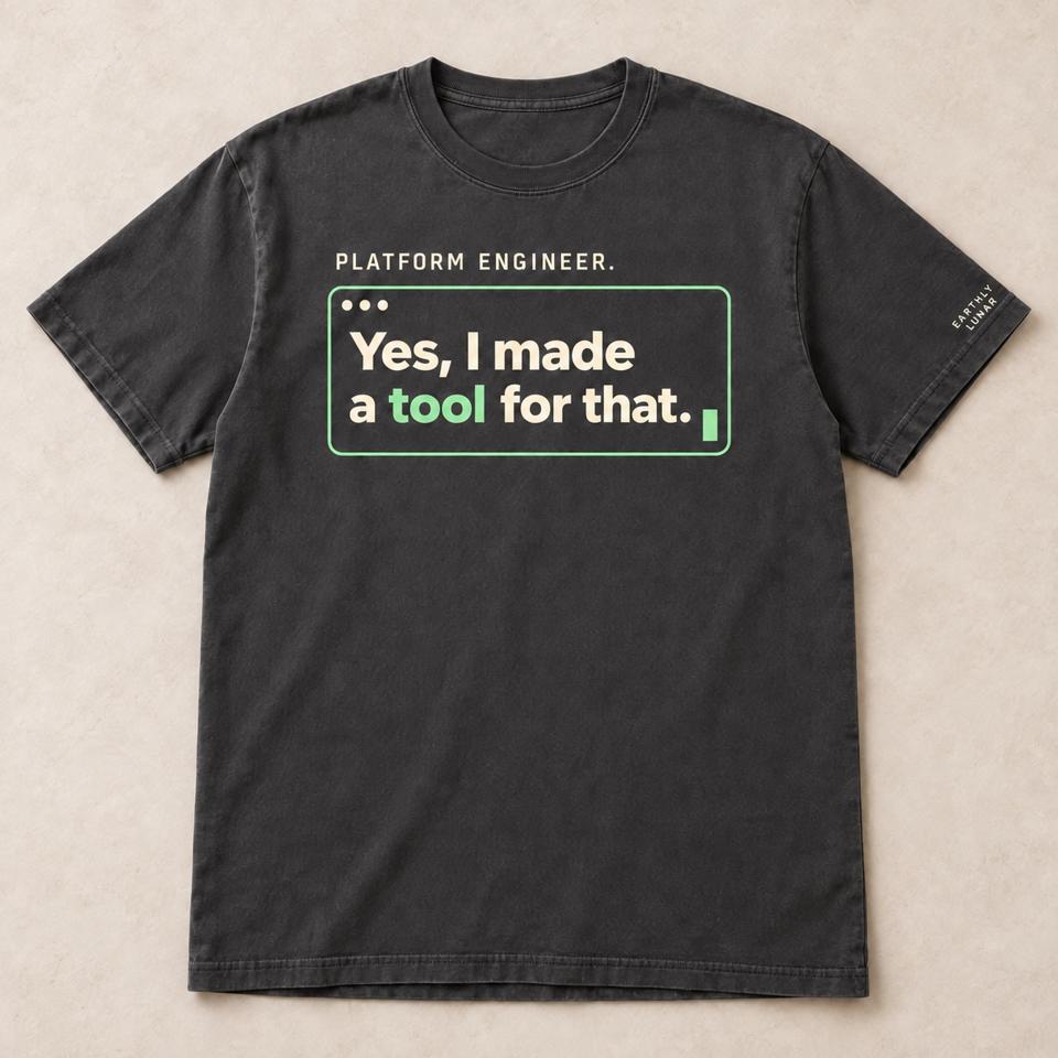 Charcoal tee with 'PLATFORM ENGINEER.' over a mint-outlined terminal window reading 'Yes, I made a tool for that.'
