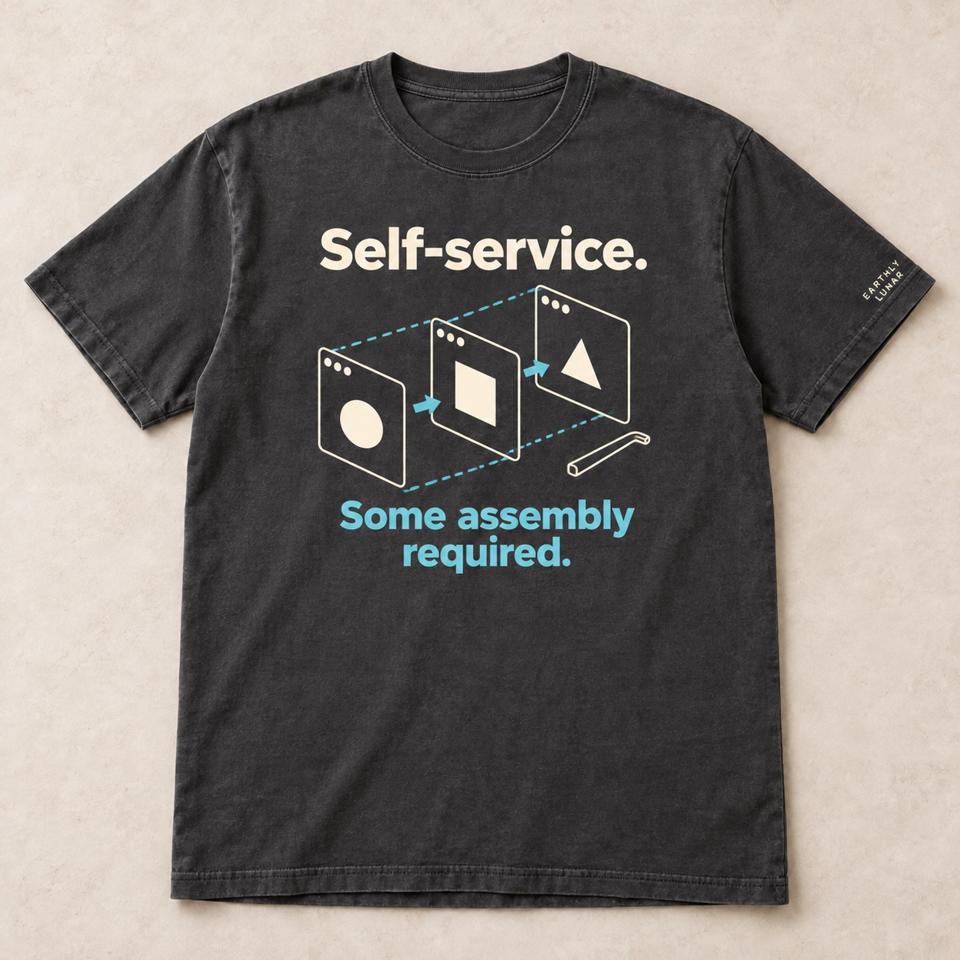Charcoal tee with cream 'Self-service.' above three outlined interface panels joined by cyan arrows and an Allen key, over cyan 'Some assembly required.'
