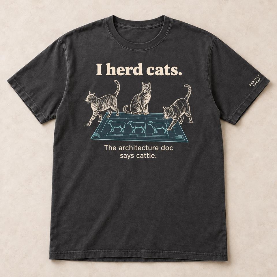 Charcoal tee with cream 'I herd cats.' above three illustrated cats on a cyan architecture blueprint showing cattle, over 'The architecture doc says cattle.'