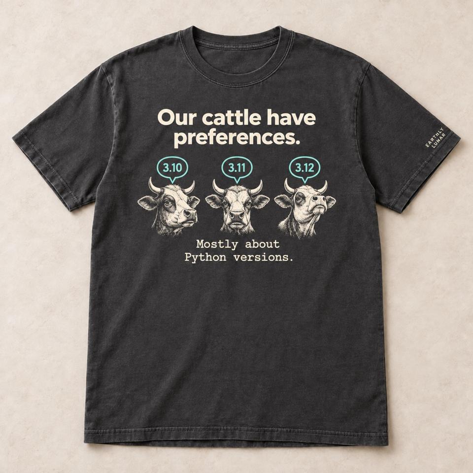 Charcoal tee with cream 'Our cattle have preferences.' above three cow heads with mint speech bubbles reading 3.10, 3.11 and 3.12, over 'Mostly about Python versions.'